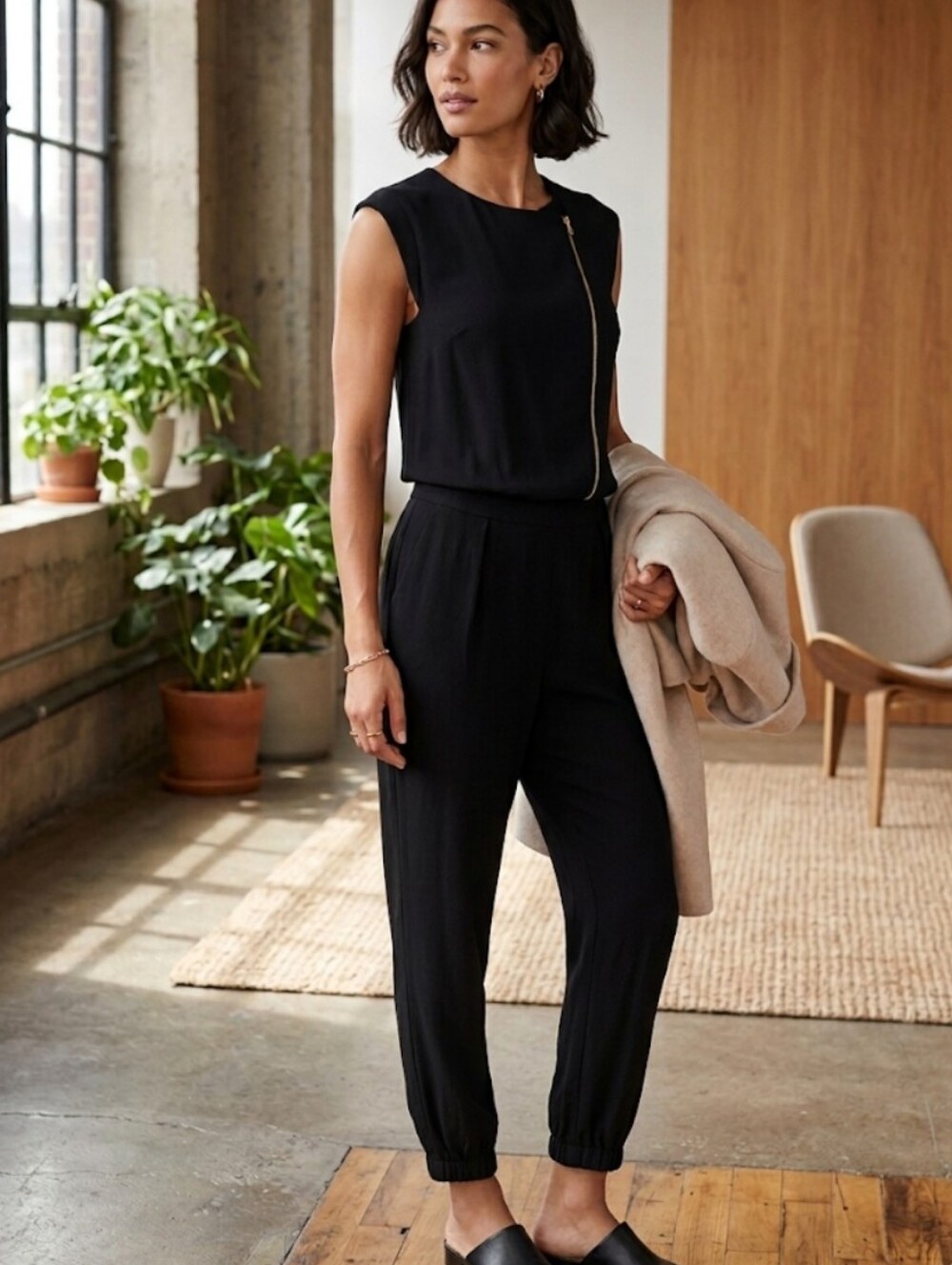 J.Crew Asymmetrical Zip Jumpsuit Black C9229 Sleek Minimalist Tapered Leg Size 4